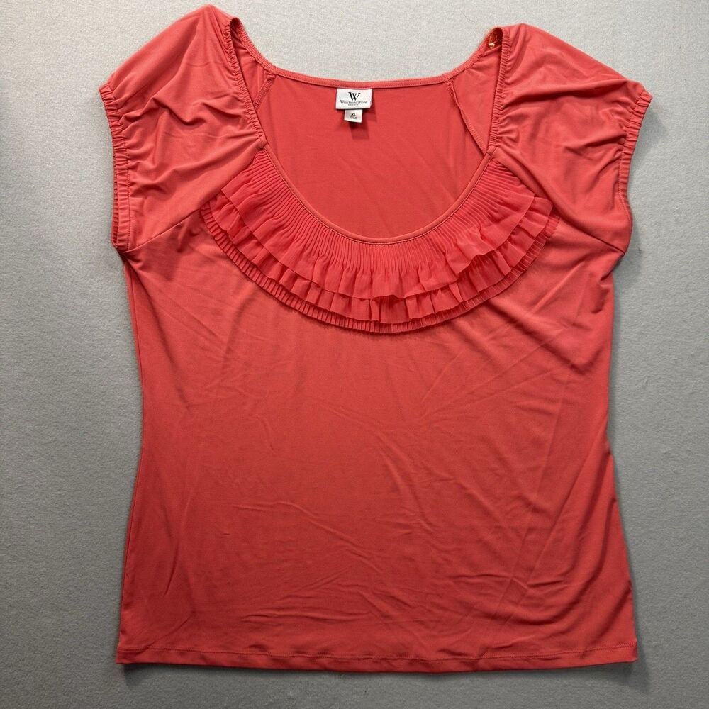 Worthington Blouse XL Womens Coral Pink Ruffle Scoop Neck Cap Sleeve Stretch Top